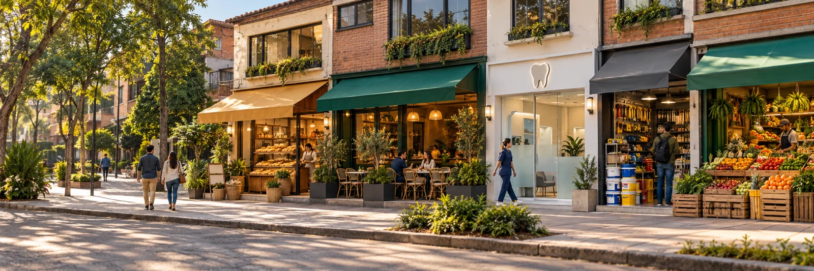 Ilustración de una calle de barrio con tiendas, cafetería y vecinos